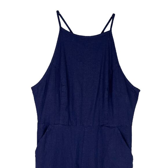 Urban Outfitters Hattie High Neck Linen Jumpsuit Navy 10 Pockets Stretch - Picture 5 of 16